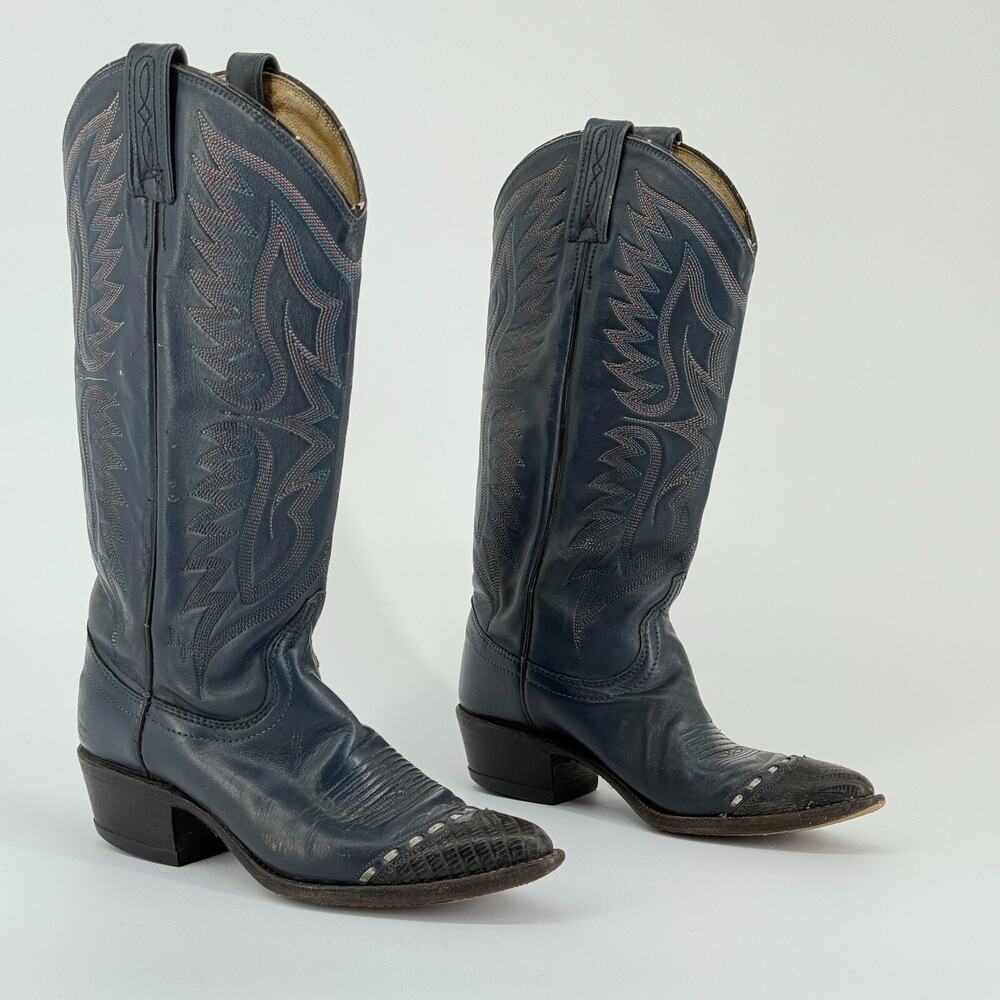 Dan Post Womens Cowboy Boots Sz 5.5 Blue Leather Western Snip Toe Festival Snake